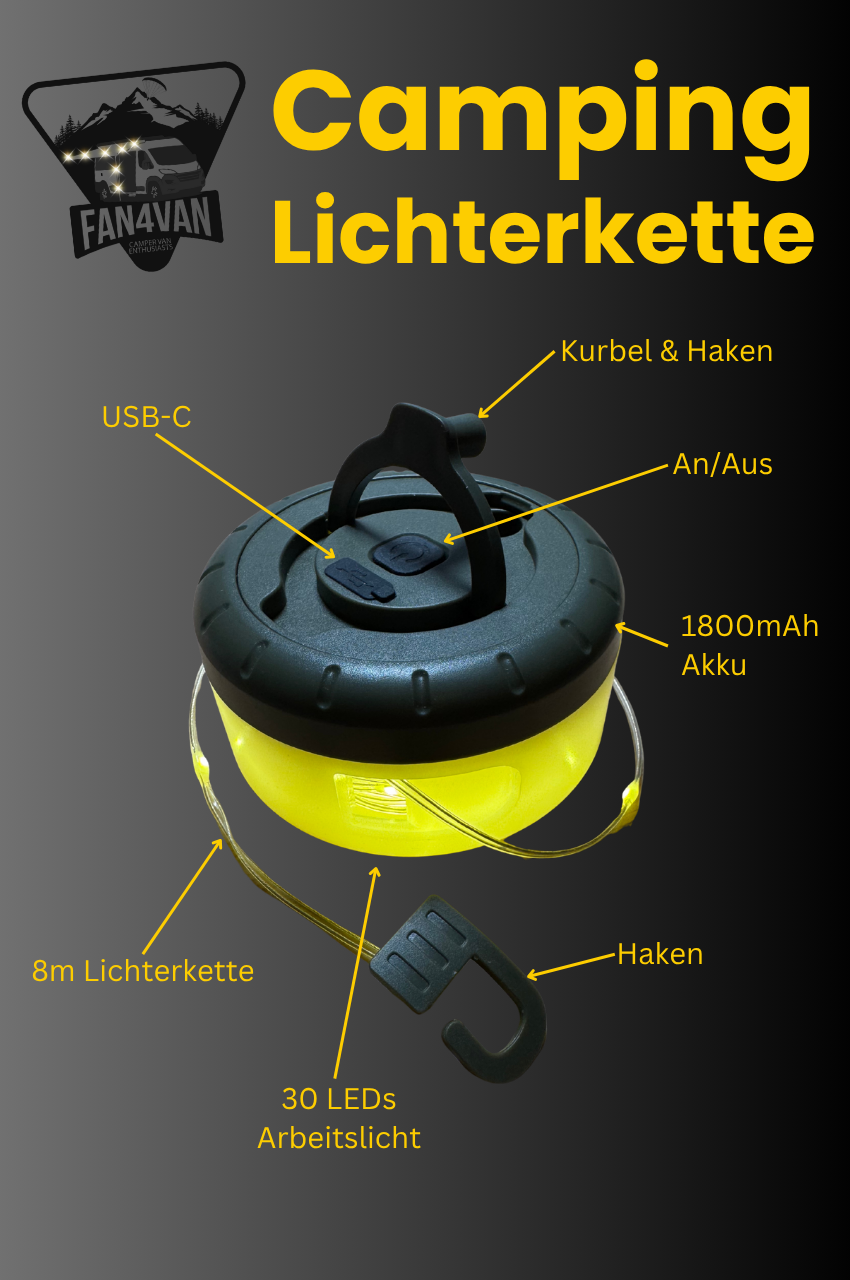 camping lichterketten Camping Lichterkette: 8m Ambi-Licht + Arbeitslampe im Taschenformat – fan4van